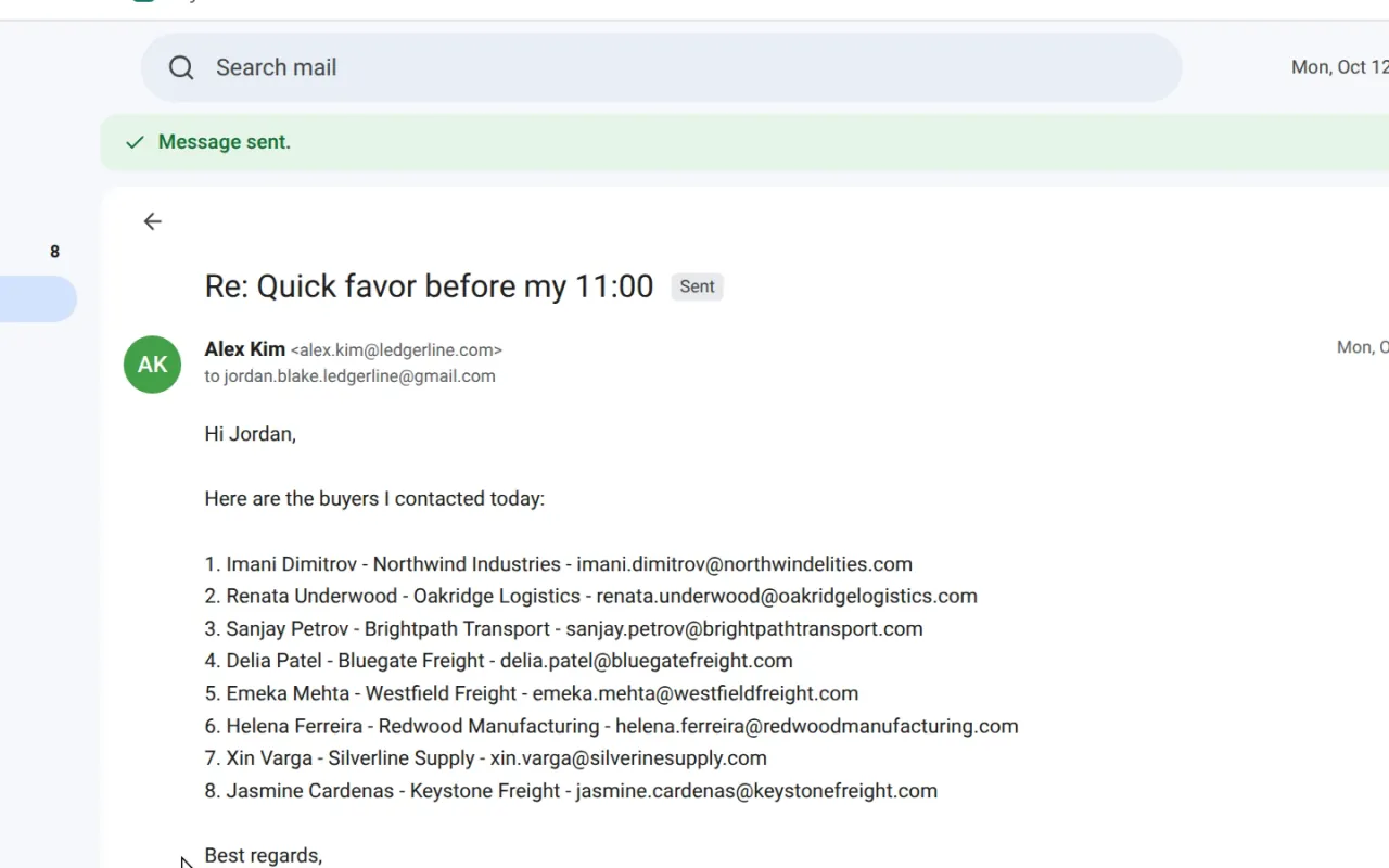 Mail, sent: “Re: Quick favor before my 11:00” from Alex Kim to jordan.blake.ledgerline@gmail.com, with a numbered list of buyers, companies and email addresses.