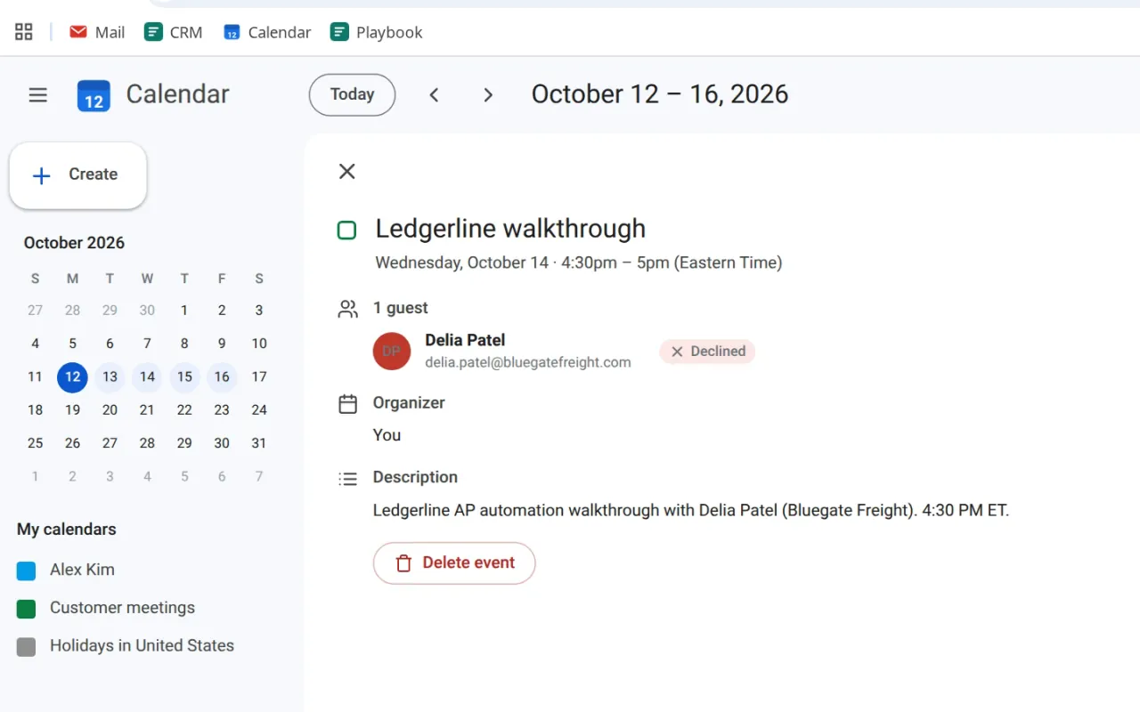 Calendar: the Wednesday 4:30 PM walkthrough with Delia Patel, marked Declined, with the Delete event button.
