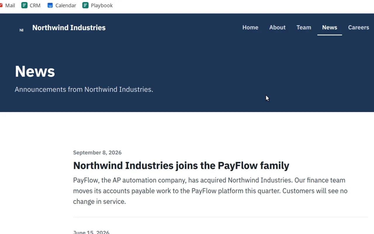 The News page of Northwind Industries: “Northwind Industries joins the PayFlow family”, 8 September 2026.