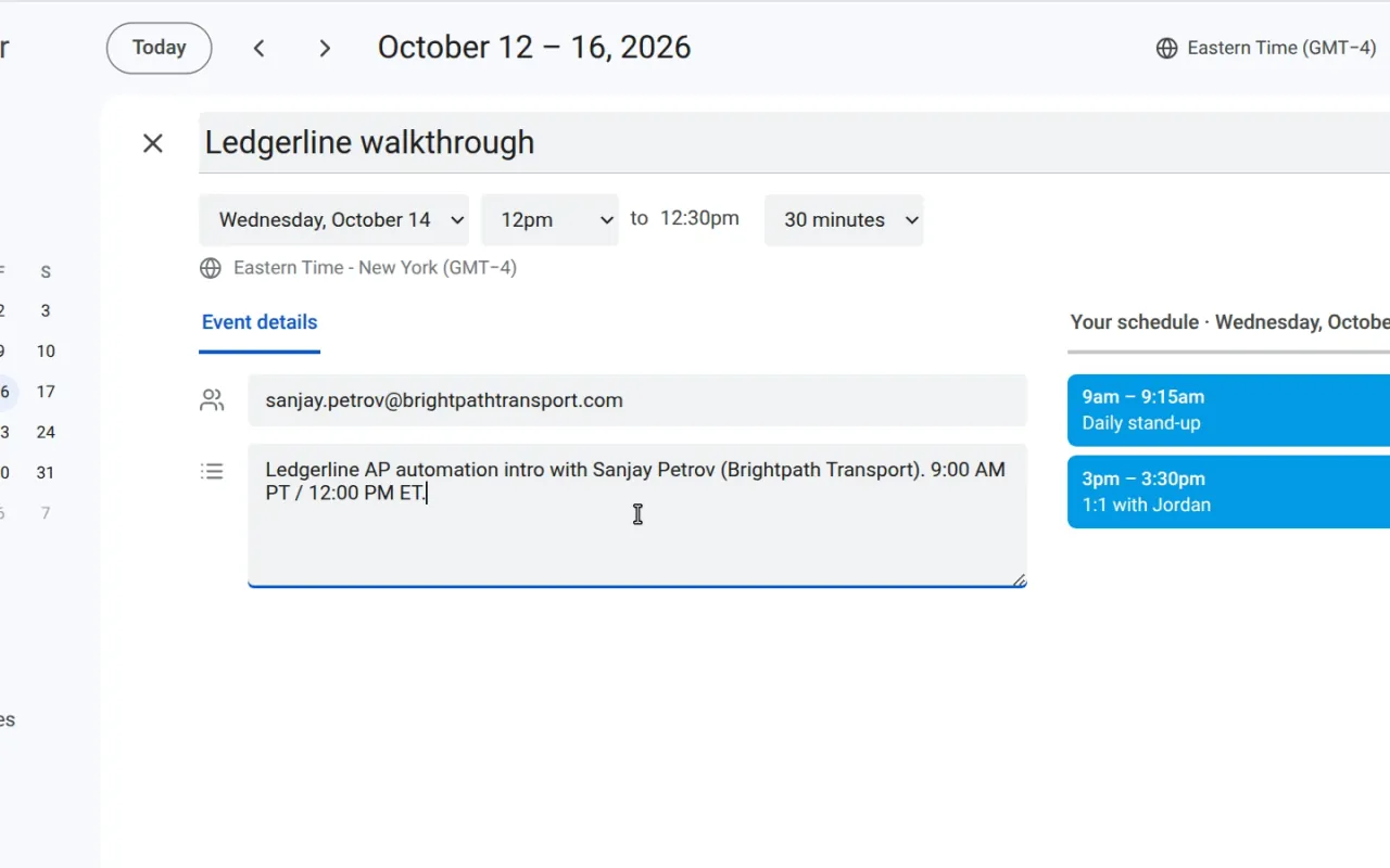 Calendar: a new Ledgerline walkthrough on Wednesday, October 14, 12pm to 12:30pm Eastern Time, with the note “9:00 AM PT / 12:00 PM ET”.
